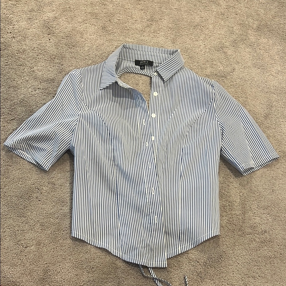 Topshop Navy and White Striped Button-Down Shirt with Flirty Cutout in the Back